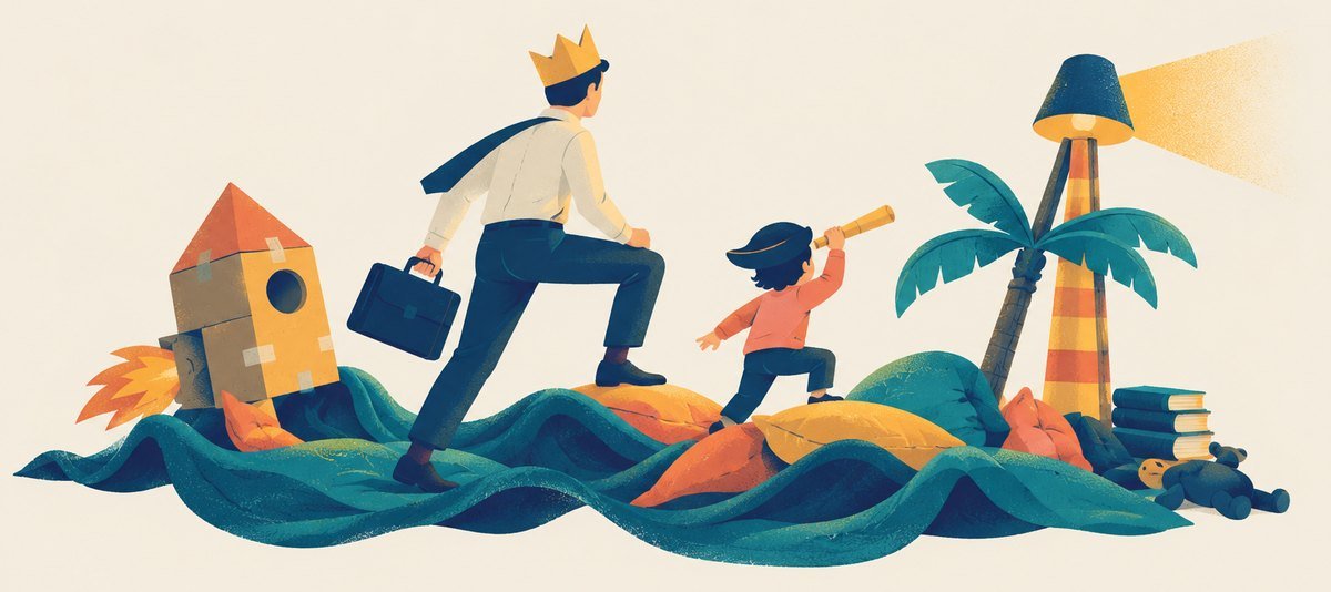 A parent and child on an imaginary adventure at home